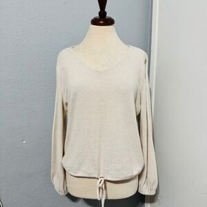 LC Lauren Conrad Cream Waffle Knit Drawstring Hem V Neck Long Sleeve Top Women M